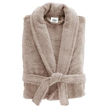 Terry bathrobe – sauna robe for her & him – light brown, one size – soft cotton, absorbent, skin-friendly, collar, pockets, adjustable