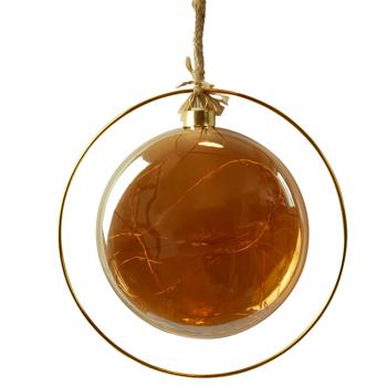 Preview: LED Hängekugel-Deko beleuchtet - Flache Christbaumkugel für Fenster- & Türdeko - Ø 15 cm, bernstein - Magische Weihnachtsdeko zum Aufhängen