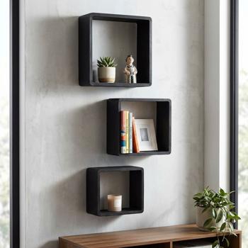 Hängeregal 3er Set Paulownia Holz Schwarz - Quadratische Regalwürfel mit abgerundeten Ecken - Modernes Schweberegal zur Wandmontage