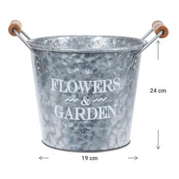 Preview: Metal bucket, plant bucket with handles, silver, white, brown, 19 x 24 x 19 cm