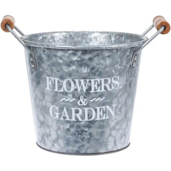 Metal bucket, plant bucket with handles, silver, white, brown, 19 x 24 x 19 cm