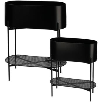 2er-Set Metall-Pflanzständer Schwarz - Robuster Blumenständer mit separaten Schalen - Moderne Optik - 50x60 cm und 40x45 cm für Innen & Aussen