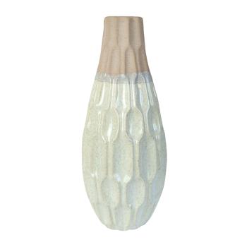 Preview: Steingut-Vase zweifarbig lasiert - Moderne Blumenvase mit 3D-Muster - Cremeweiss-Beige - Ø 13 x 35 cm - Elegantes Wohnaccessoire für Frische & Schönheit