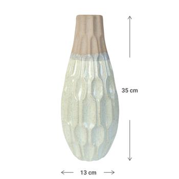 Preview: Steingut-Vase zweifarbig lasiert - Moderne Blumenvase mit 3D-Muster - Cremeweiss-Beige - Ø 13 x 35 cm - Elegantes Wohnaccessoire für Frische & Schönheit
