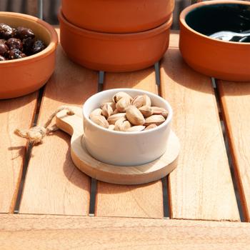 Preview: 2er Set stilvolle Tapas-Schalen aus Keramik, auf Bambus Servierbrett, Ø 7,5 x 9 cm – Modern & elegant, ideal für Vorspeisen, Saucen & Dips