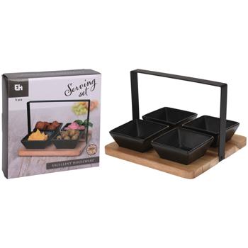 Preview: Servierset mit 4 Schüsseln und Tablett - Steingut und Akazienholz - hitzebeständig bis 200°C - spülmaschinenfest - 20x20 cm - ideal für Dips, Oliven & Saucen