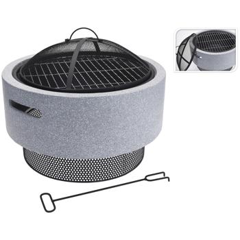 Preview: Bol à feu robuste en pierre artificielle et acier, foyer avec grille utilisable comme barbecue, gris, noir, 52 x 18,5 cm