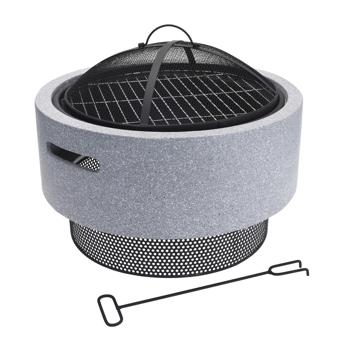 Preview: Bol à feu robuste en pierre artificielle et acier, foyer avec grille utilisable comme barbecue, gris, noir, 52 x 18,5 cm