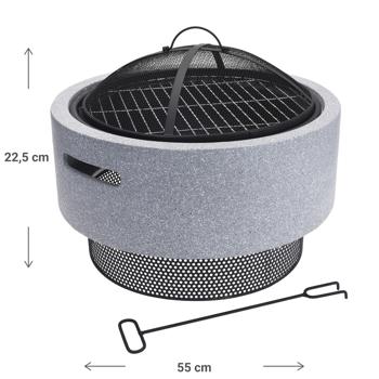 Preview: Bol à feu robuste en pierre artificielle et acier, foyer avec grille utilisable comme barbecue, gris, noir, 52 x 18,5 cm