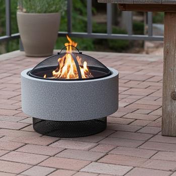 Bol à feu robuste en pierre artificielle et acier, foyer avec grille utilisable comme barbecue, gris, noir, 52 x 18,5 cm