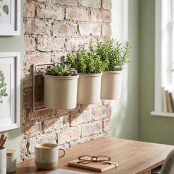 Preview: Metal flower pot holder – Wall‑mounted for 3 flower pots – Robust, weather‑resistant, beige – Space‑saving & decorative for garden, balcony, fence – 12 x 14 cm