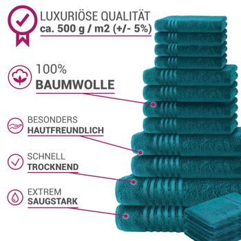 Preview: 16-teiliges Handtuchset Casativo, Waschlappen, Gäste-, Hand-, Dusch- & Badetücher, petrol