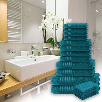 Preview: 16-teiliges Handtuchset Casativo, Waschlappen, Gäste-, Hand-, Dusch- & Badetücher, petrol