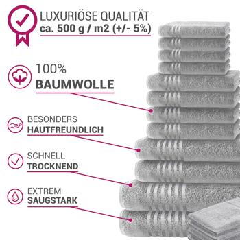 Preview: 16-teiliges Handtuchset Casativo, Waschlappen, Gäste-, Hand-, Dusch- & Badetücher, silber