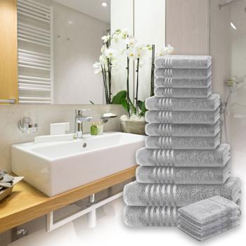 Preview: 16-teiliges Handtuchset Casativo, Waschlappen, Gäste-, Hand-, Dusch- & Badetücher, silber