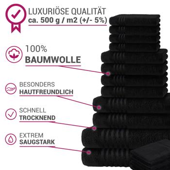 Preview: 16-teiliges Handtuchset Casativo, Waschlappen, Gäste-, Hand-, Dusch- & Badetücher, schwarz
