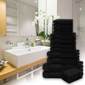 Preview: 16-teiliges Handtuchset Casativo, Waschlappen, Gäste-, Hand-, Dusch- & Badetücher, schwarz