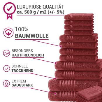 Preview: 16-teiliges Handtuchset Casativo, Waschlappen, Gäste-, Hand-, Dusch-& Badetücher, bordeaux