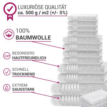 Preview: 16-teiliges Handtuchset Casativo, Waschlappen, Gäste-, Hand-, Dusch- & Badetücher, weiss