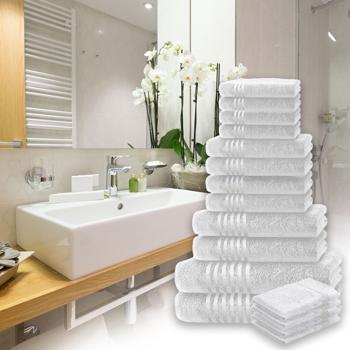 Preview: 16-teiliges Handtuchset Casativo, Waschlappen, Gäste-, Hand-, Dusch- & Badetücher, weiss