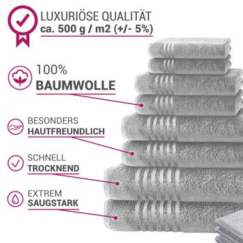 Preview: Luxuriöses 16-teiliges Handtuchset Casativo, silber – Bade-, Dusch-, Handtücher + 8 Gratis-Waschlappen, 500 g/m², Premium Qualität