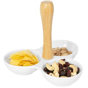 Preview: Snackschale aus Porzellan und Bambusgriff - 3 Fächer für Oliven, Chips, Nüsse & Dips - Weiss/Natur, 20x17cm - Edler Eyecatcher mit Tragegriff