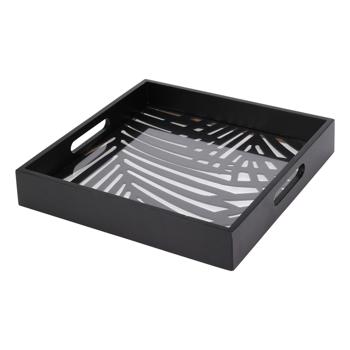 Preview: set di 2 vassoi quadrati, vetro e legno, nero - Vassoi da portata di tendenza, design moderno, combinazione vetro-legno