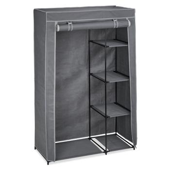 Stoffschrank aus Vlies Grau - Kleiderstange & 5 Ablageböden für Umzug/Saisonkleidung - Metallgestell - 161x105,5x45 cm - Staubdicht mit Reissverschluss