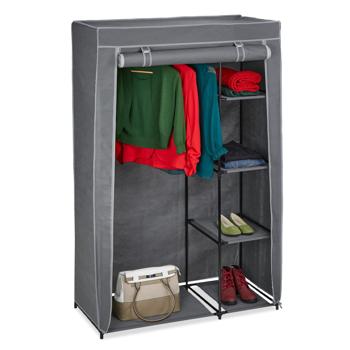 Preview: Stoffschrank aus Vlies Grau - Kleiderstange & 5 Ablageböden für Umzug/Saisonkleidung - Metallgestell - 161x105,5x45 cm - Staubdicht mit Reissverschluss