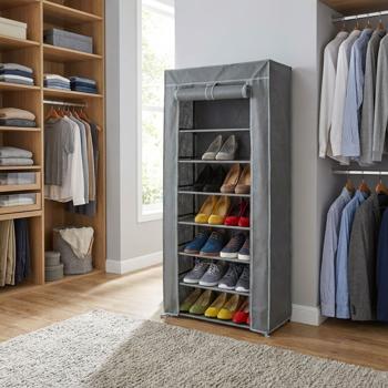 Schuhschrank aus Stoff - 8 Fächer für ca. 24 Paar Schuhe - 140x60x30cm Grau - Staub- & Mottenschutz mit Rolltür & Reissverschluss - Vliesstoff Metall Kunststoff