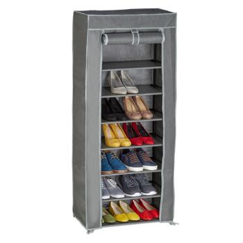 Preview: Schuhschrank aus Stoff - 8 Fächer für ca. 24 Paar Schuhe - 140x60x30cm Grau - Staub- & Mottenschutz mit Rolltür & Reissverschluss - Vliesstoff Metall Kunststoff