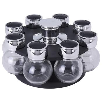 Gewürzkarussell mit 8 Gläsern – drehbarer Gewürzständer für Küche – robustes Kunststoff & Glas – schwarz-silber – 6x8.5cm Gläser mit Streuöffnung