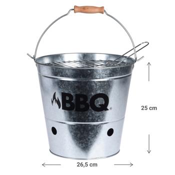 Preview: Secchio da barbecue in zinco con stampa, barbecue da campeggio con manico, argento, nero, 26,5 x 25 cm