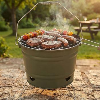 Metal charcoal grill, balcony grill with handle, green, 27 x 22 cm