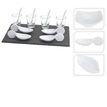 Preview: Amuse-Set 13tlg. - Porzellan, Glas & Schieferstein Servier-Set für Appetizer, Häppchen, Desserts - Edles Design - Für Freunde & Familie