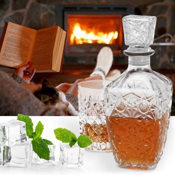 Preview: Whiskey-Karaffe aus Glas - Eleganter Dekanter für Whisky, Sherry, Cognac, Likör - 900 ml Volumen, 9x9x24 cm, mit Glas-Deckel und Schliff-Design