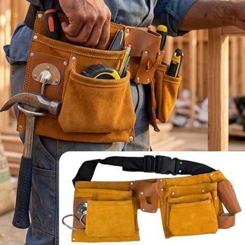 Robust leather tool belt – Tool apron with nail pouch, hammer holder & tool pockets – Brown – For professionals & DIY projects