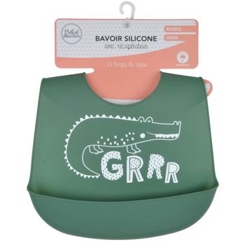 Preview: Silicone baby bib with collection tray, green, crocodile
