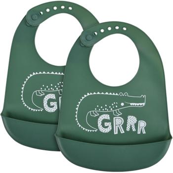 2-pack silicone baby bibs with catch pocket, green, crocodile