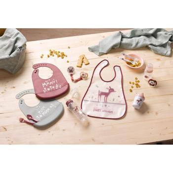 Preview: set of 2 silicone baby bibs with drip tray, green/red, crocodile/flowers
