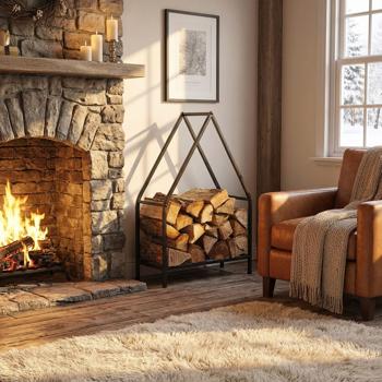 Preview: Elegant metal firewood rack “House“ (50x32x80cm): black firewood stand, stylish firewood storage and perfect stacking