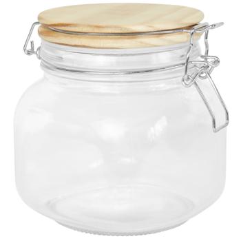 Allzweckglas Glasdose mit Kiefernholz-Deckel - Luftdichter Bügelverschluss - Vorratsglas für Küche, Müsli, Gewürze 850ml - Transparent/Braun
