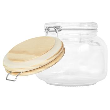 Preview: Allzweckglas Glasdose mit Kiefernholz-Deckel - Luftdichter Bügelverschluss - Vorratsglas für Küche, Müsli, Gewürze 850ml - Transparent/Braun