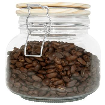 Preview: Allzweckglas Glasdose mit Kiefernholz-Deckel - Luftdichter Bügelverschluss - Vorratsglas für Küche, Müsli, Gewürze 850ml - Transparent/Braun