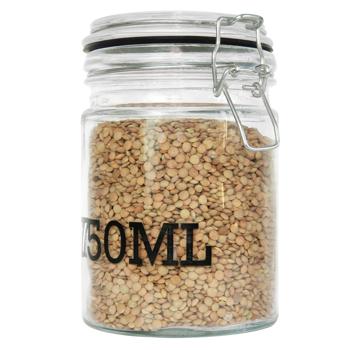 Preview: Drahtbügel-Vorratsglas 750 ml - Luftdicht für Müsli, Nudeln, Reis, Linsen - Glasbehälter mit Füllmengen-Aufdruck - Transparent/Schwarz, Ø 10x15 cm