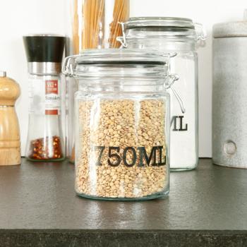 Preview: Drahtbügel-Vorratsglas 750 ml - Luftdicht für Müsli, Nudeln, Reis, Linsen - Glasbehälter mit Füllmengen-Aufdruck - Transparent/Schwarz, Ø 10x15 cm