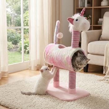 Tiragraffi per gatti design unicorno – ideale per gattini & gatti anziani – robusto & decorativo – 40x30x85 cm – bianco‑rosa – per gli istinti naturali