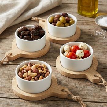 set of 4 stylish ceramic tapas bowls, on bamboo serving board, Ø 7.5 x 9 cm - modern & elegant, ideal for starters, sauces & dips