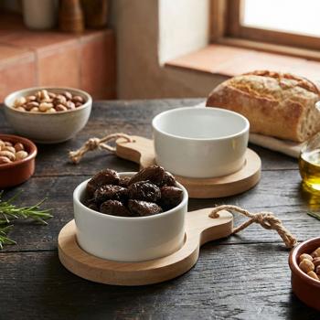 Preview: set of 4 stylish ceramic tapas bowls, on bamboo serving board, Ø 7.5 x 9 cm - modern & elegant, ideal for starters, sauces & dips