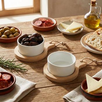 Preview: set of 4 stylish ceramic tapas bowls, on bamboo serving board, Ø 7.5 x 9 cm - modern & elegant, ideal for starters, sauces & dips